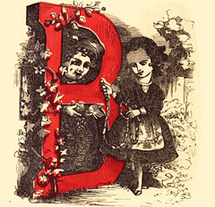 Illustration of the letter B decorated with flowers by two girls